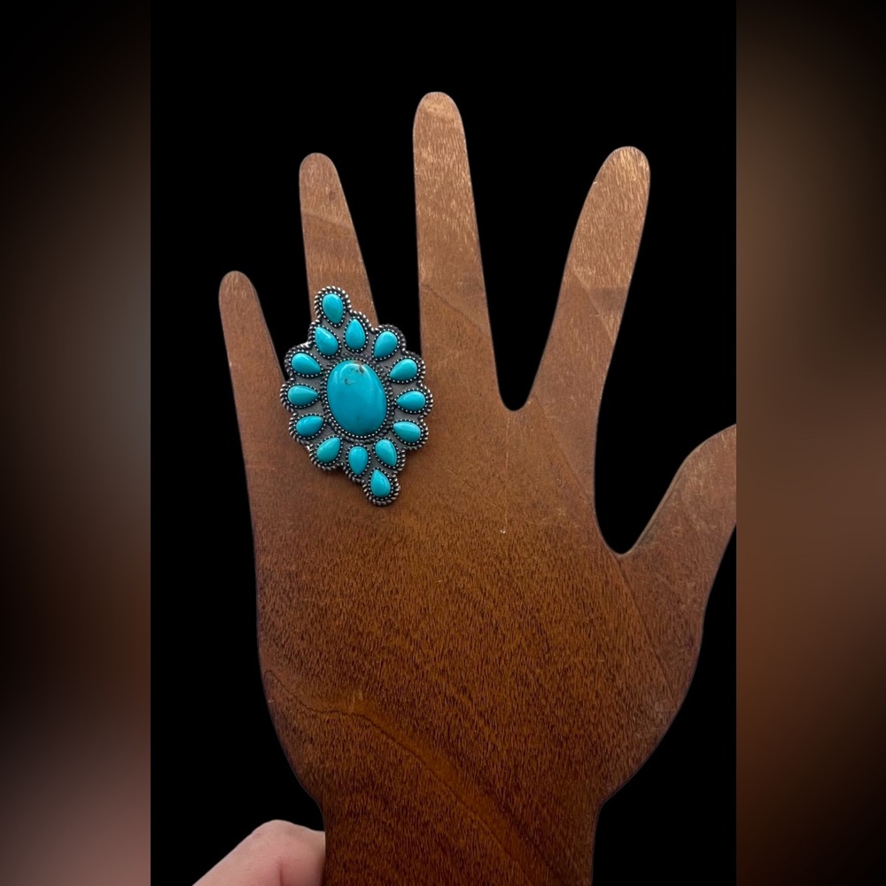 Signed Navajo Handmade Sterling Silver Natural Blue Turquoise Cluster Ring 7.5 - Picture 4 of 7